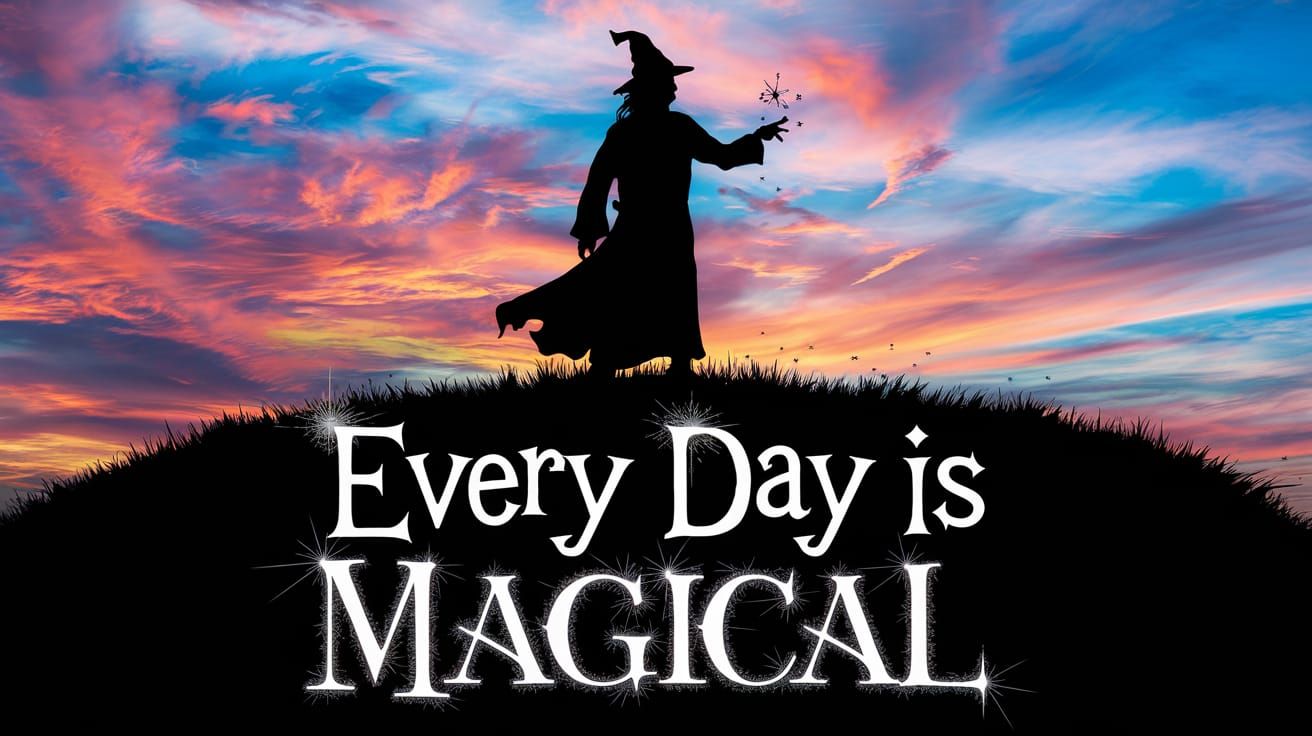 Wizard Silhouette Casting Spell at Sunset in 8k