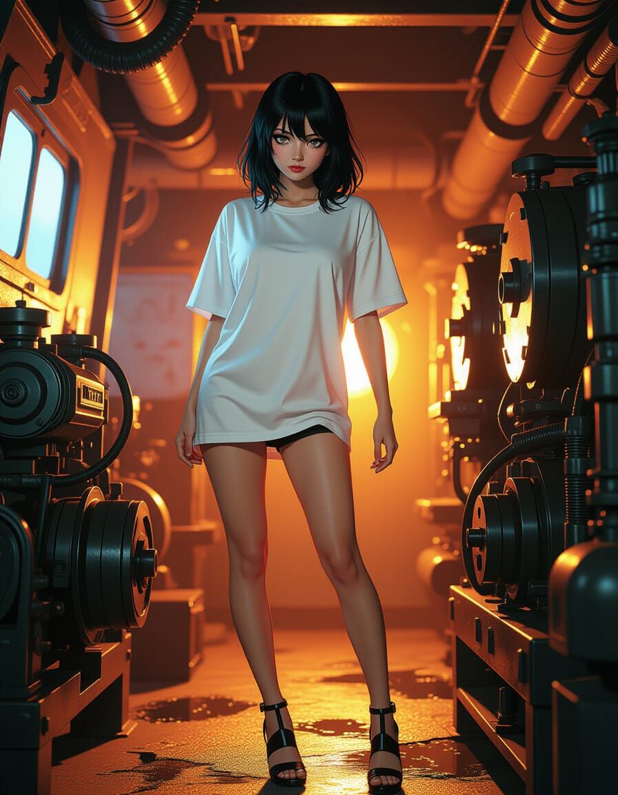 Manga Woman in Damaged Engine Room