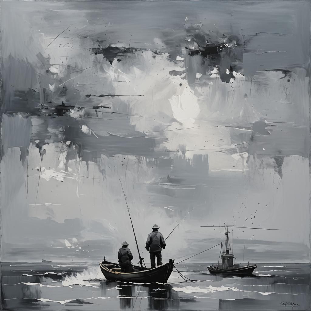 Abstract Grey Painting of Fisherman at Sea