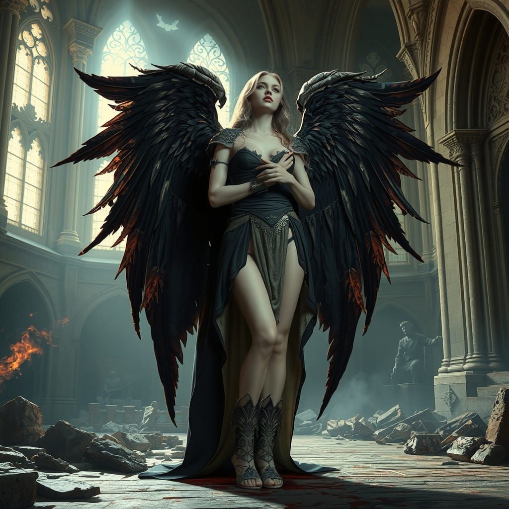 Wounded Gothic Angel in Ruined Castle