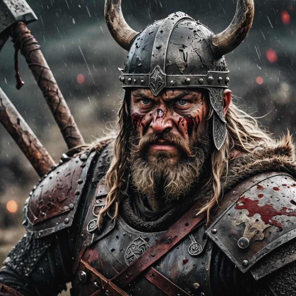Viking Warrior Portrait in a Chaotic Battle Scene