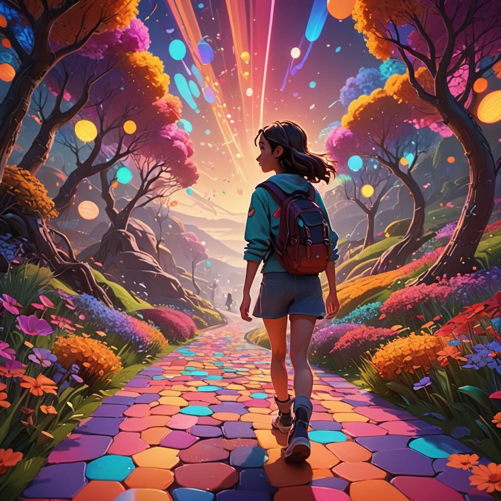 Teenage Girl on Dreamy Path: Vibrant 3D Digital Art