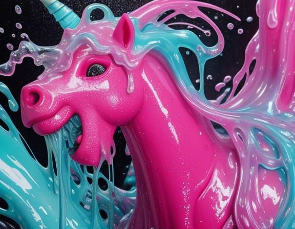Kitsch Unicorn Drenched in Pink Slime: Grunge Oil Painting