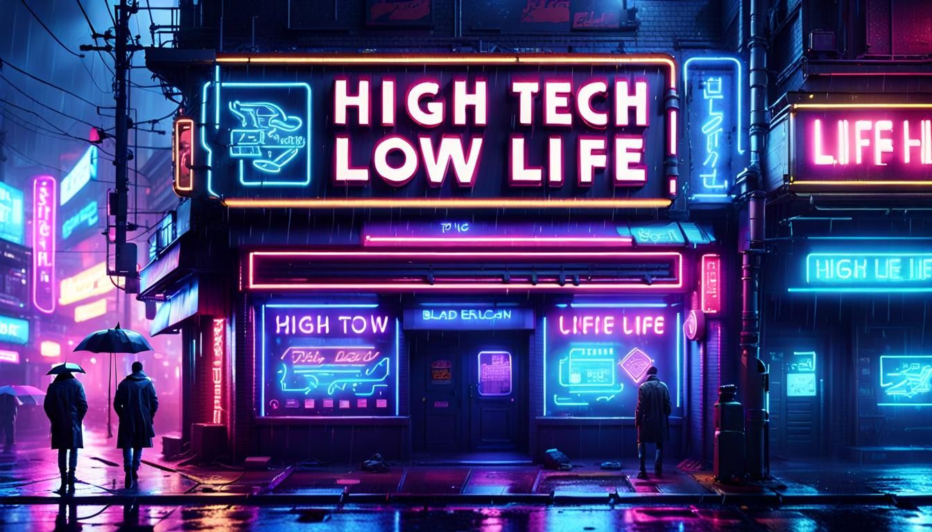 Cyberpunk Neon Sign in Rainy Cityscape