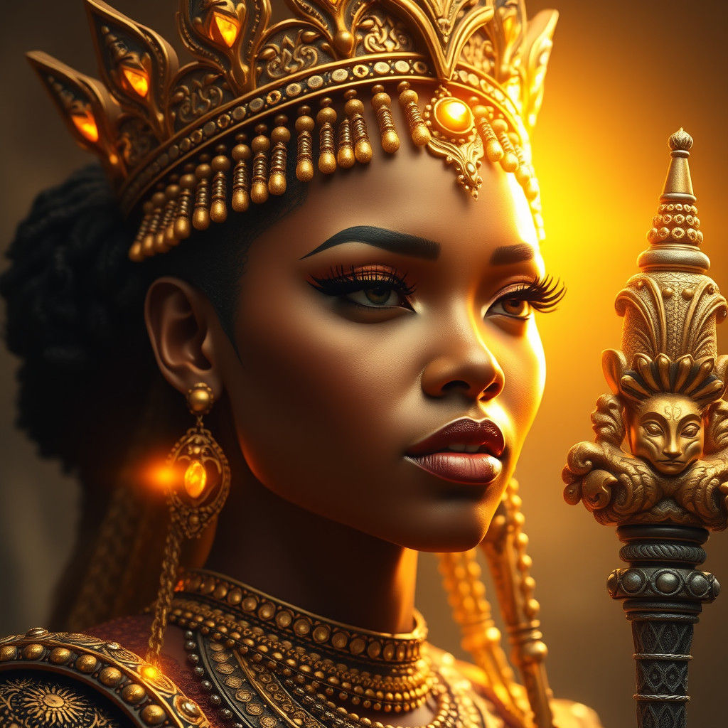 Radiant African Queen with Golden Aura, Fantasy Art