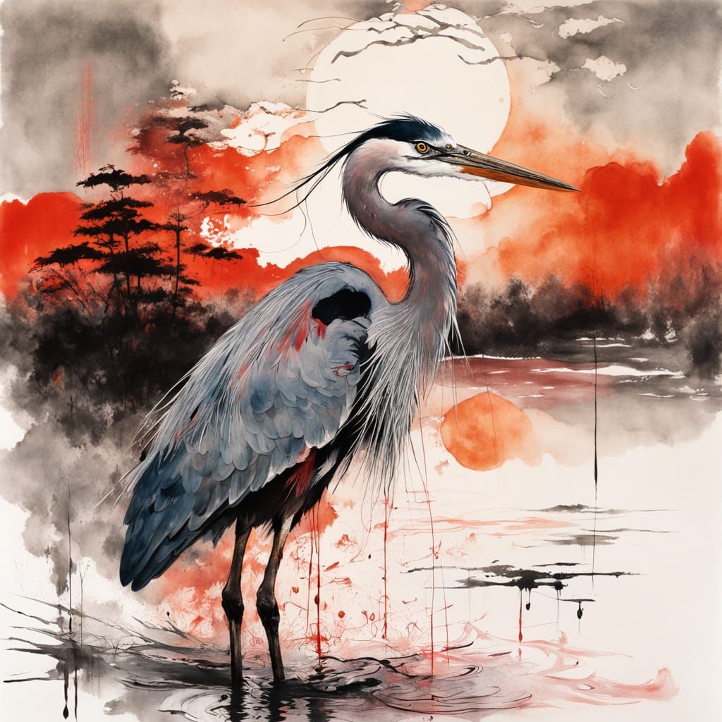 Vibrant Sumi-e Masterpiece of a Heron in Morning Fog