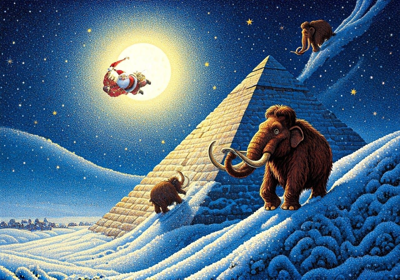 Woolly Mammoths Sledding with Santa in Pointillism