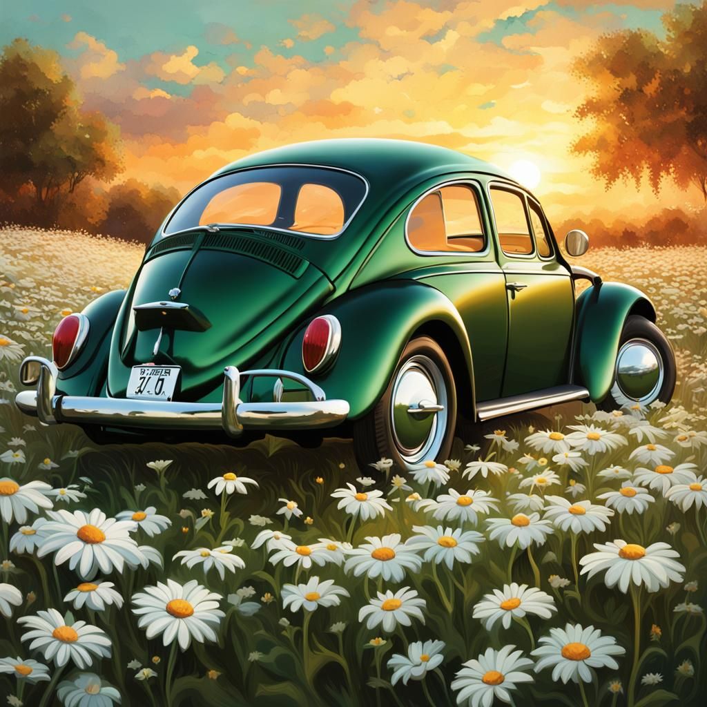 Green 1966 VW Beetle in Sunset Daisy Field