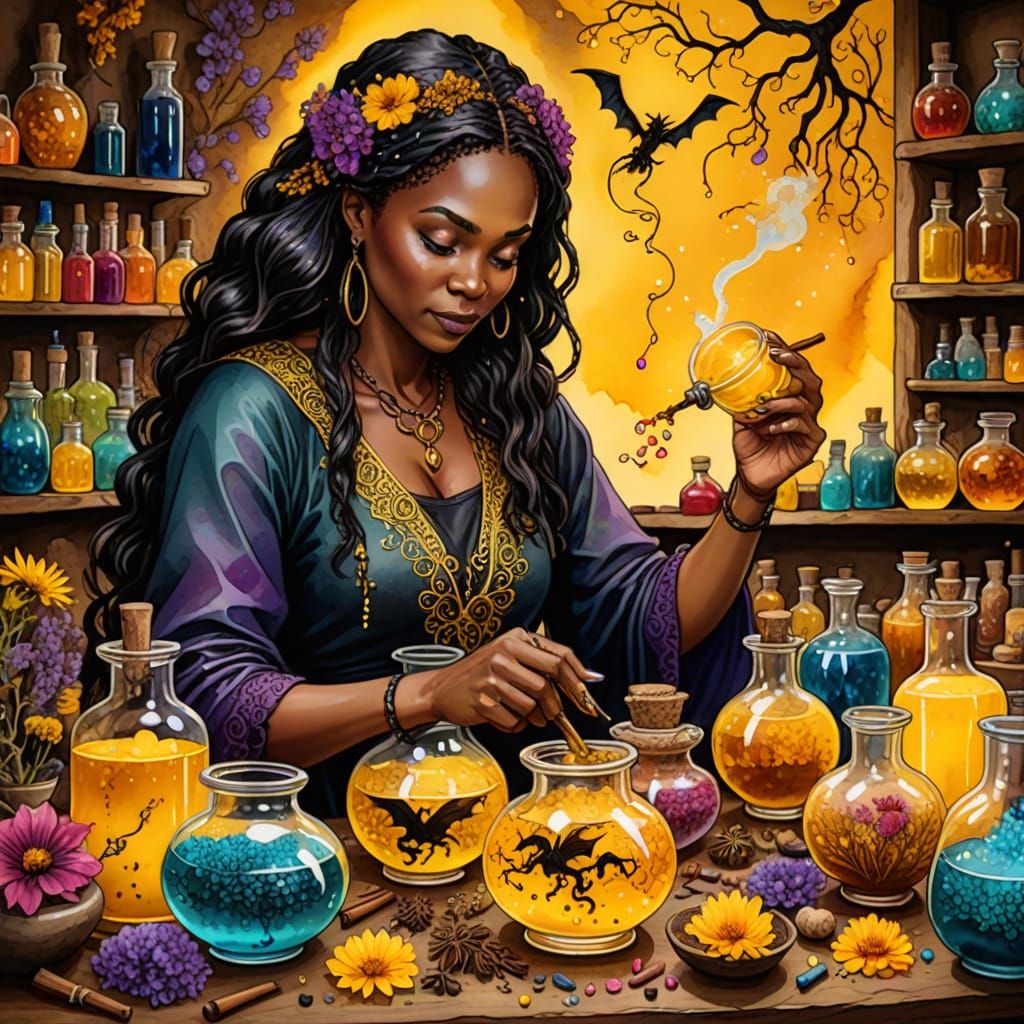 Intricately detailed alcohol ink illustration, well-lit Poti...