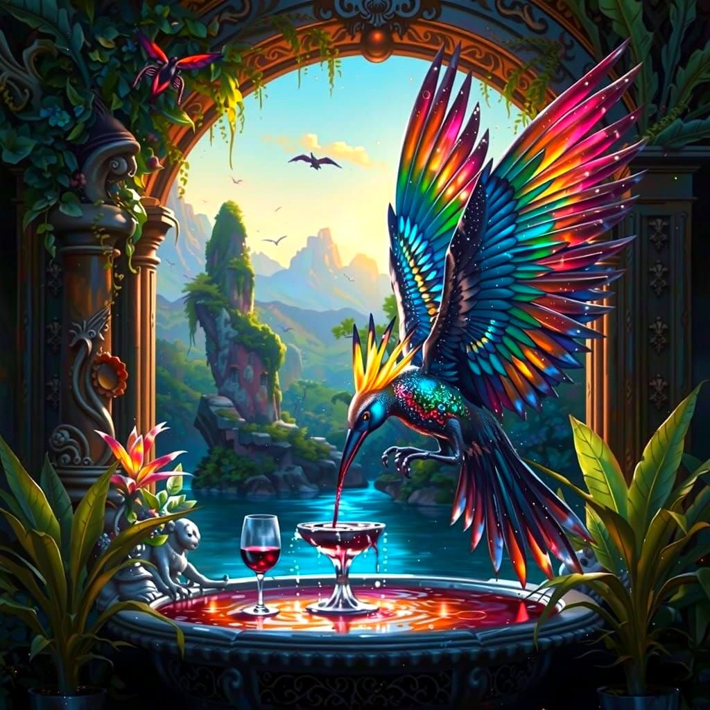 Iridescent Bismuth Bird at Glimmering Fountain