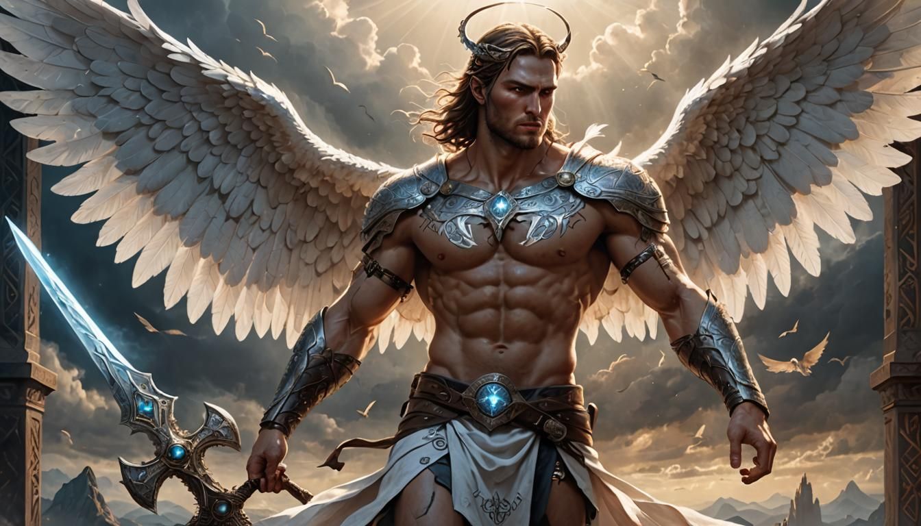 Handsome Angel with Runes and Divine Artefacts