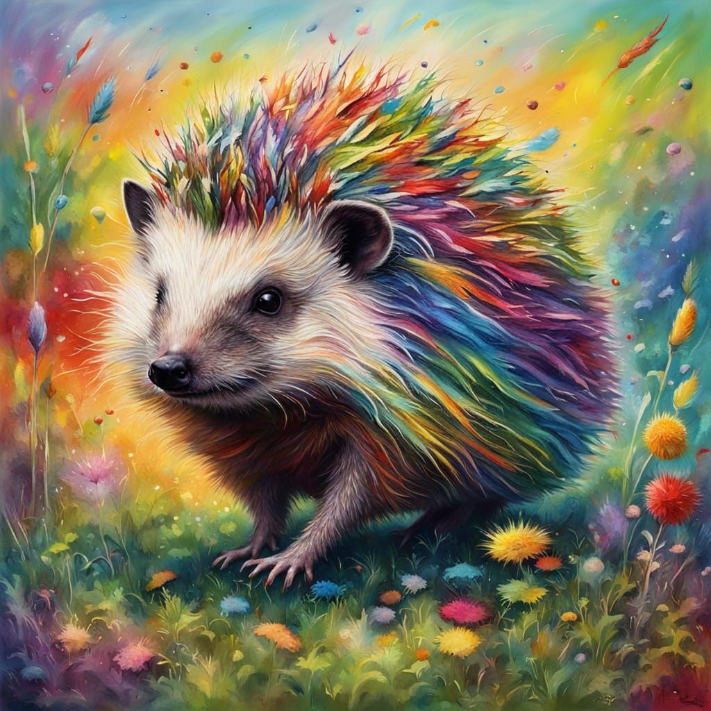Rainbow Hedgehog Dances in Vibrant Meadow