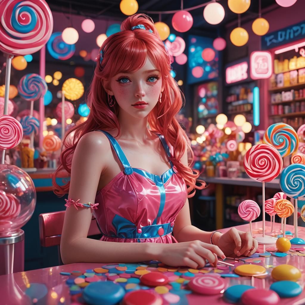 Anime Girl in Lollipop Shop with Neon Lights