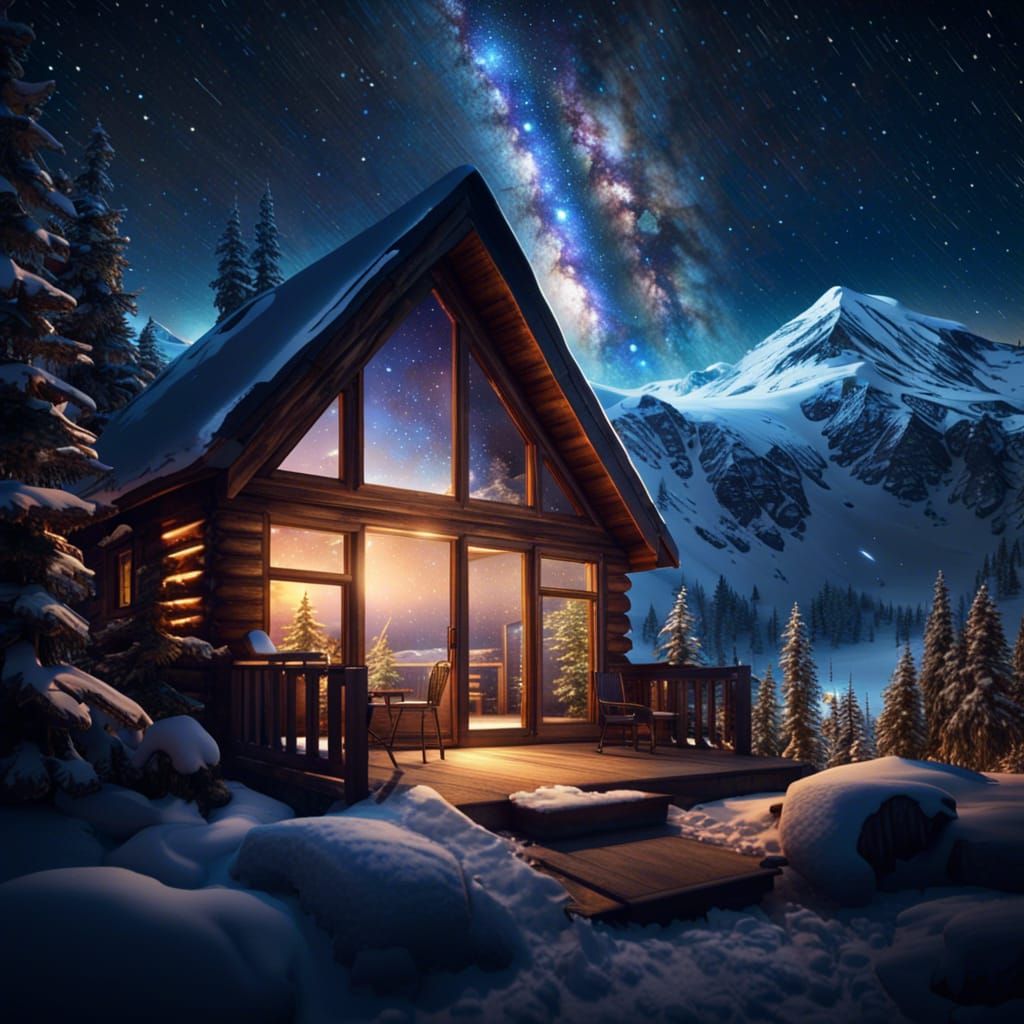 Cozy Cabin Interior with Snowy Mountain View