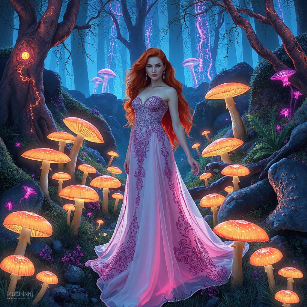 Fiery Redhead Stands Defiant in Vibrant Bioluminescent Fores...