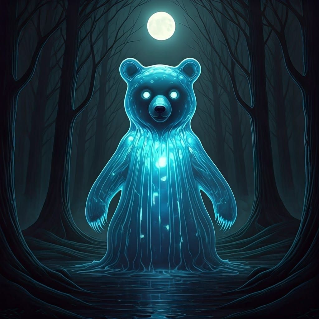 Menacing Jelly Bear Rising in Dark Forest