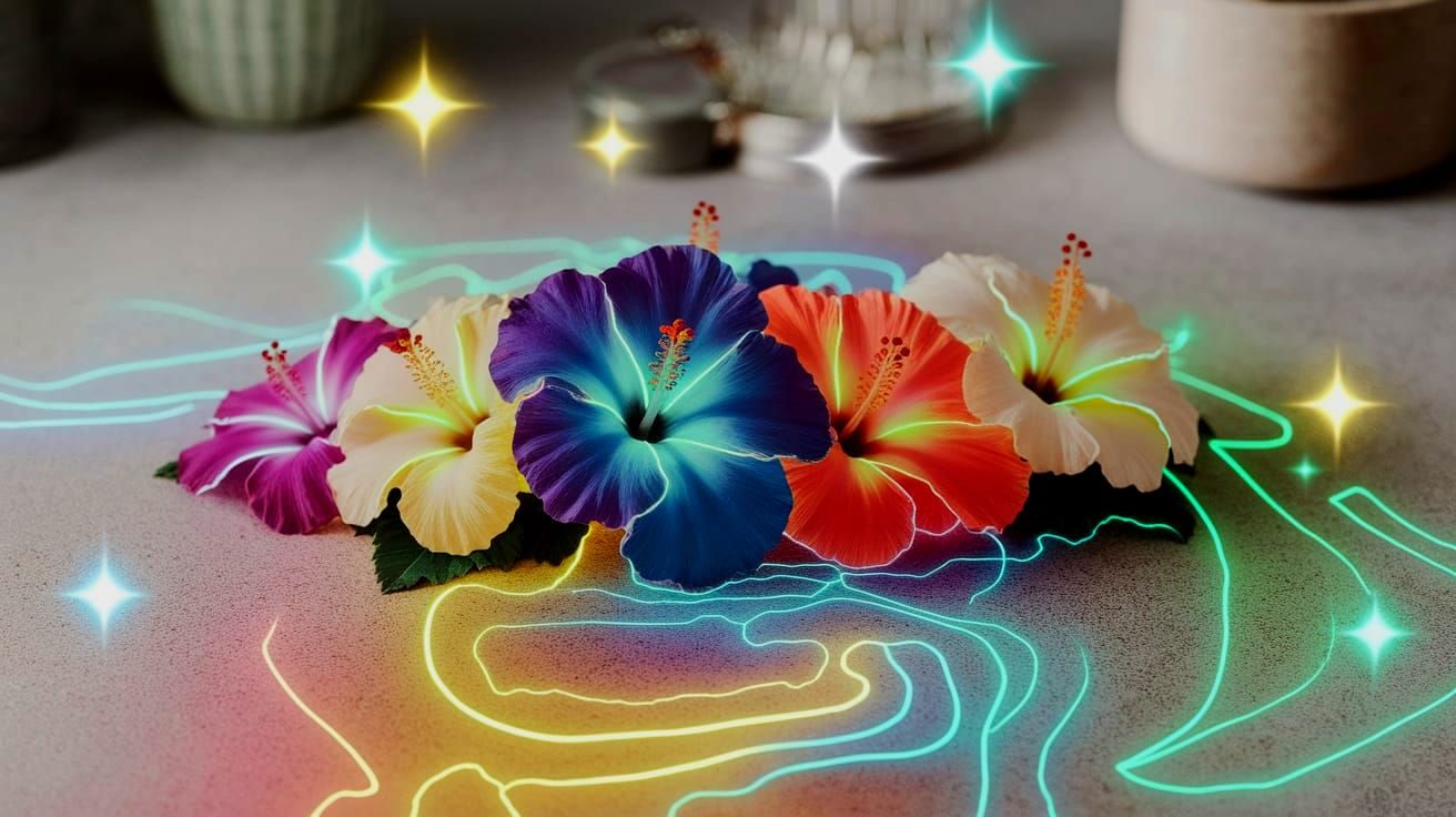 Luminous Hibiscus Flowers at Twilight in Surreal Style