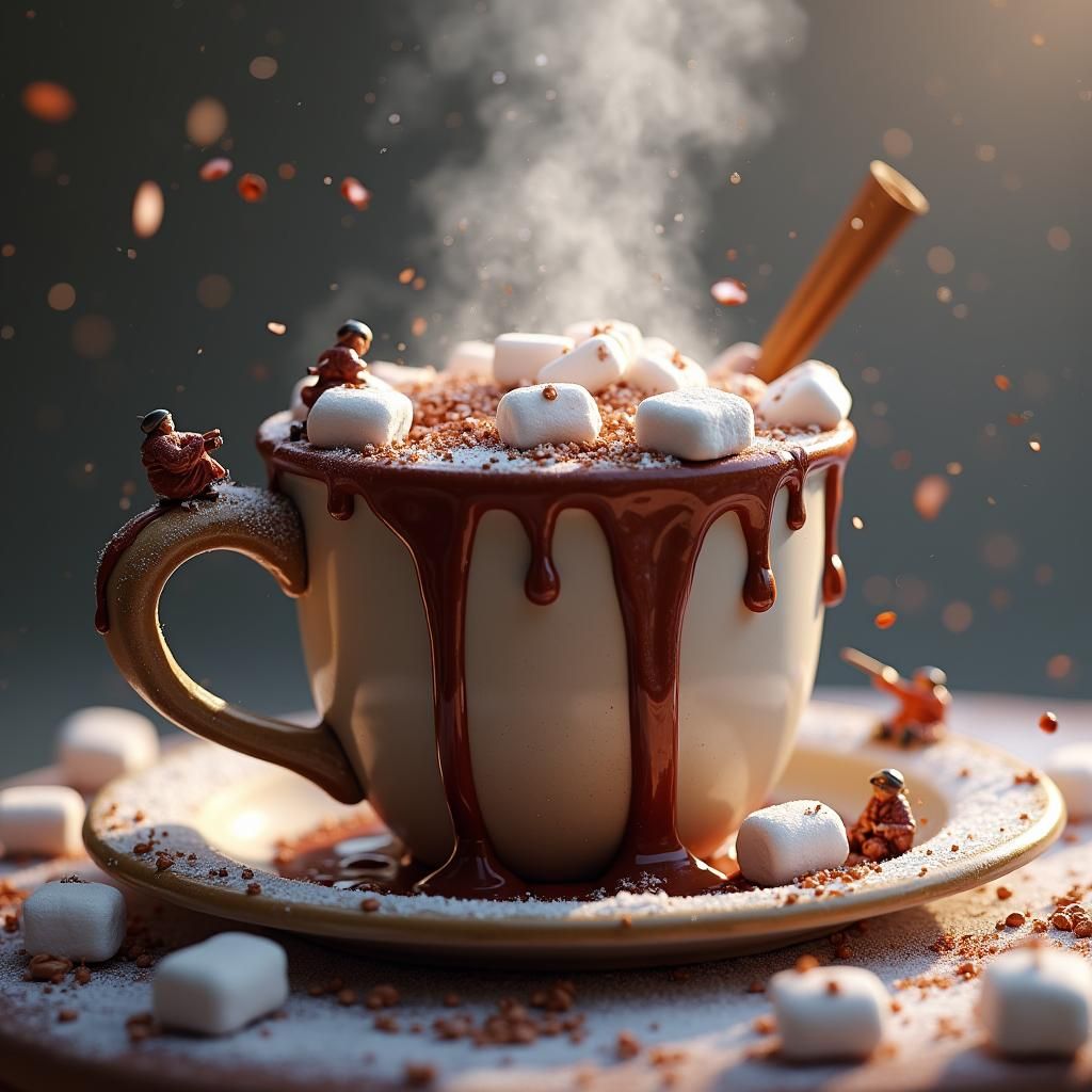 Miniature People Enjoying Chocolate Waterfall, Digital Art