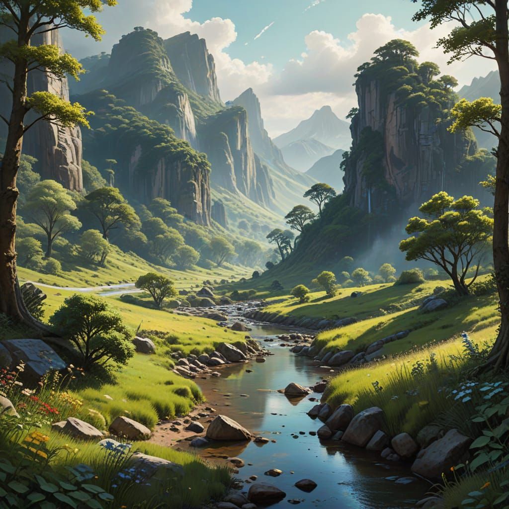 Serenic Solarpunk Landscape with Winding River and Vibrant H...