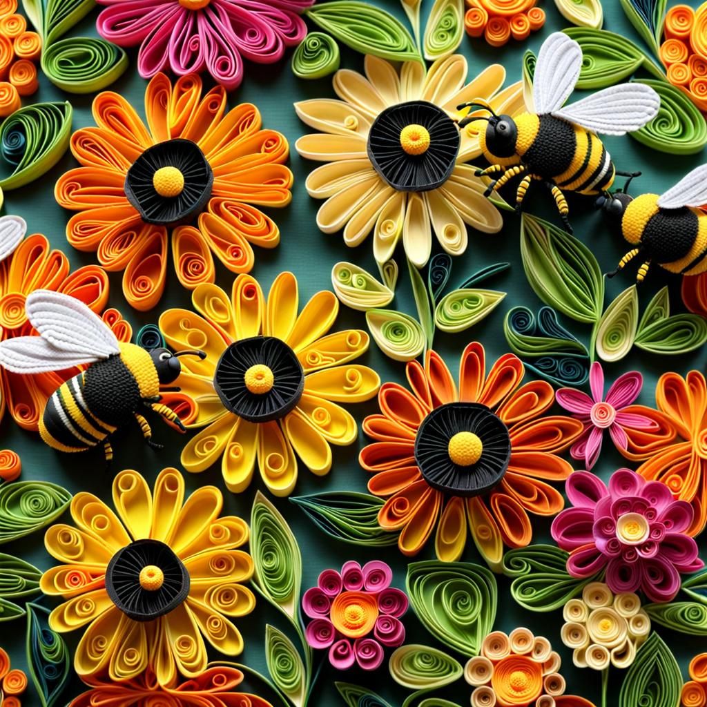 Quilled Zinnias With Bees