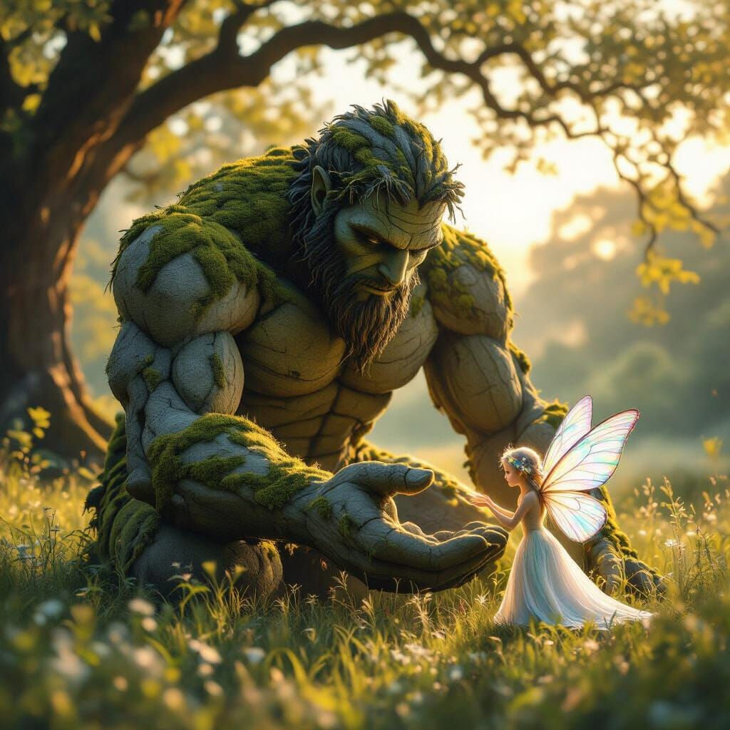 Gentle Golem Meets Tiny Fairy in Enchanted Meadow