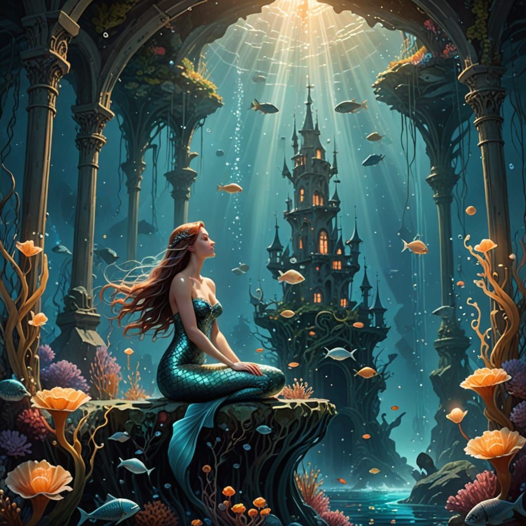 Dreamlike Underwater Mermaid Tower in Whimsical Watercolor S...