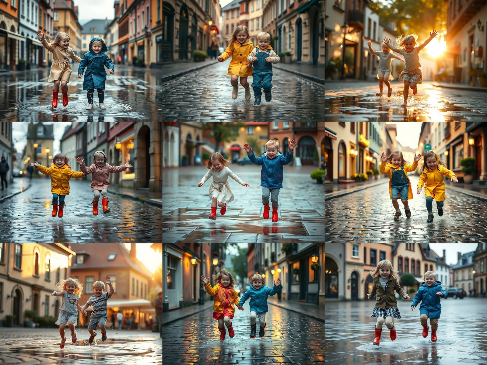 Children Joyfully Jump Through Puddles in Town