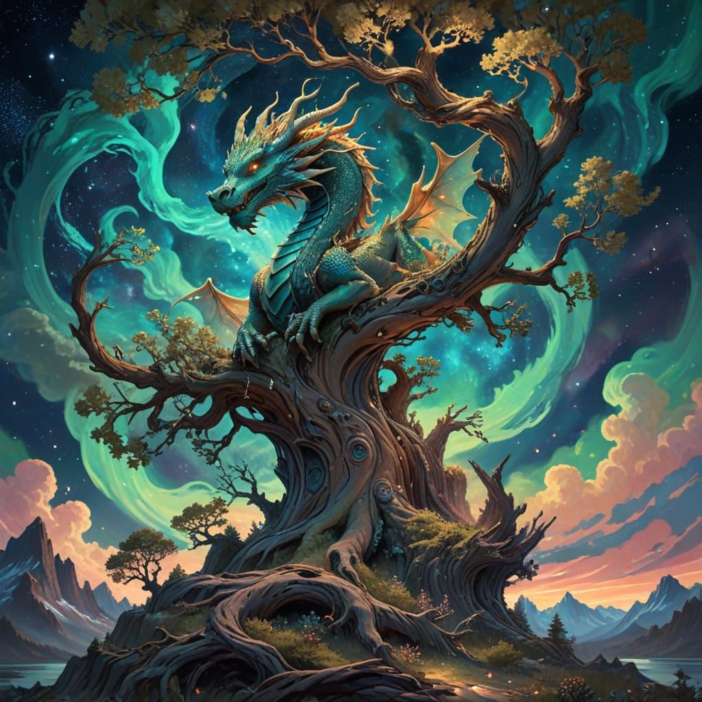 Celestial Tree Root Dragon Amidst Ethereal Aurora