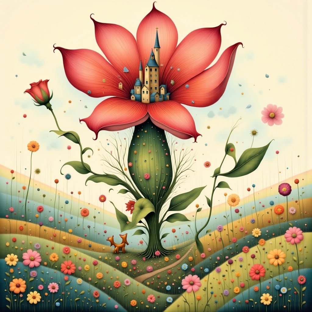 Village Inside Flower as Art Nouveau Illustration
