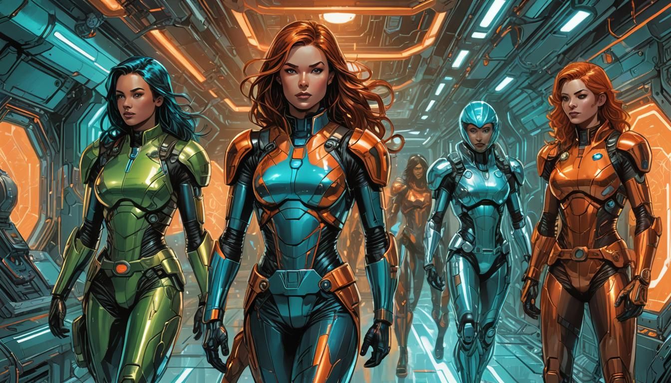 Rocket-Girls Meeting in Metallic Room, Comic Book Art