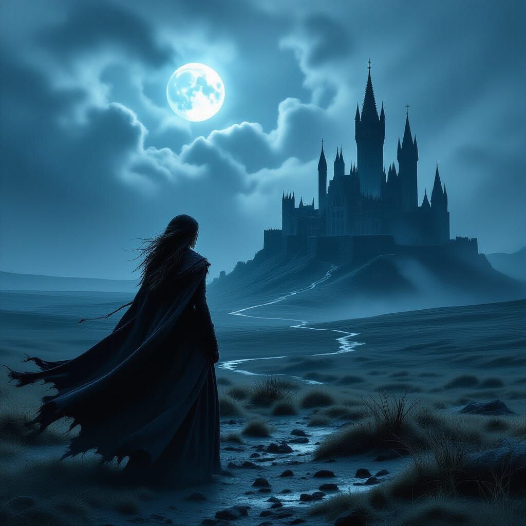 Woman on Moor with Gothic Castle in Dark Fantasy Style