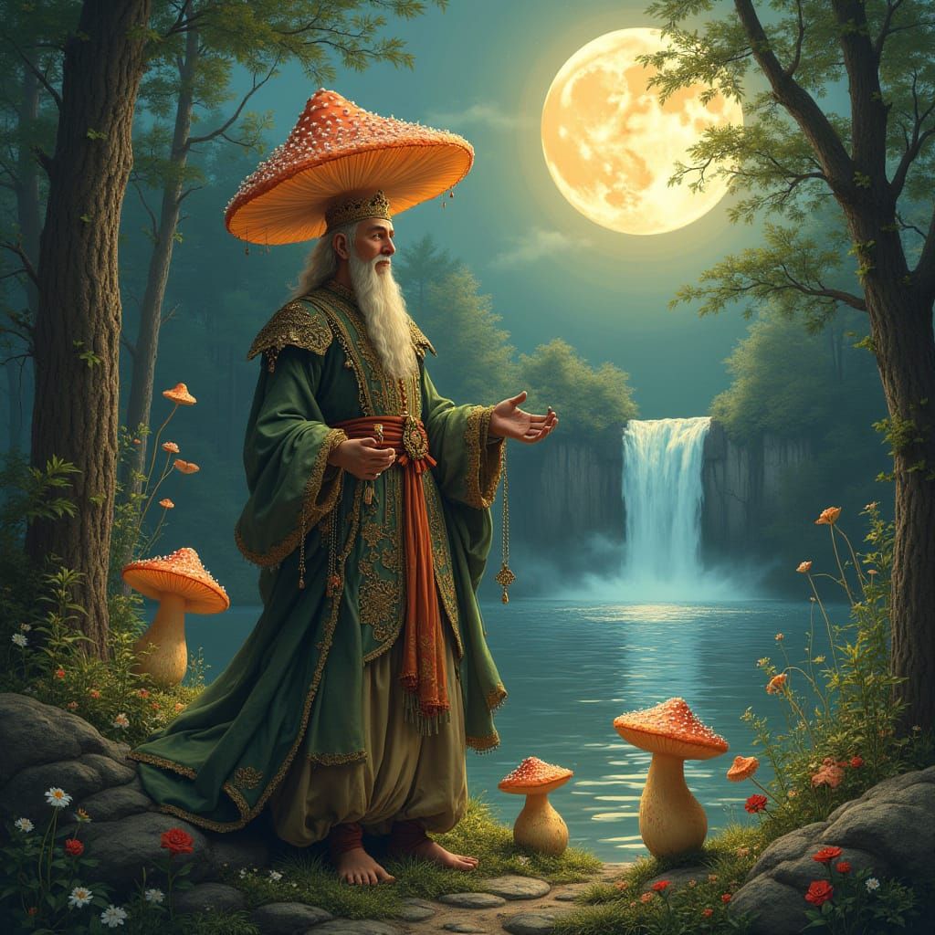 Fantastical Mushroom King Under Full Moon