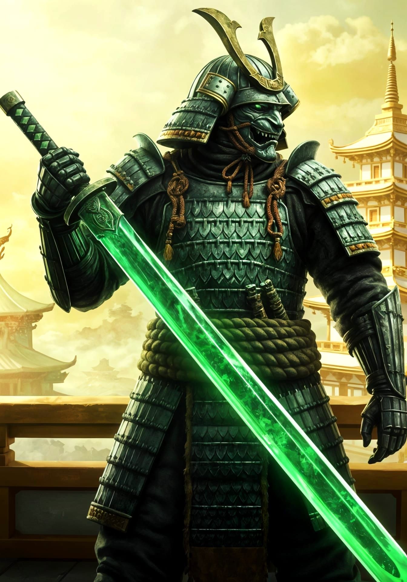 Dragon Samurai General in Pagoda Overlooking Landscape