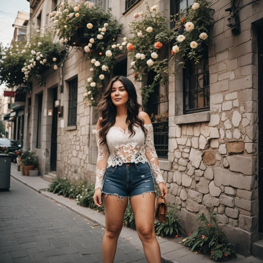 Curvy Woman Poses on Flowered Street