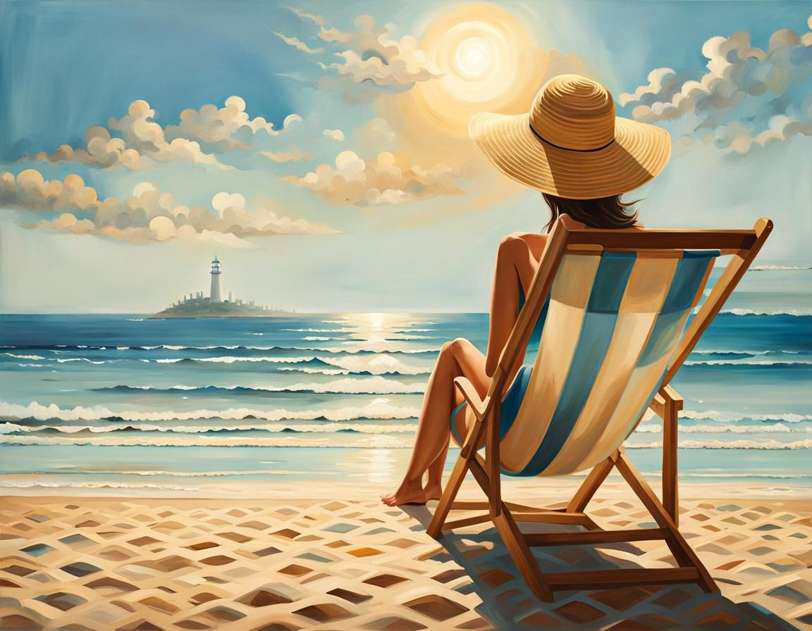 Dreamy Seascape: Woman Gazing at Ocean in Oil Painting Style