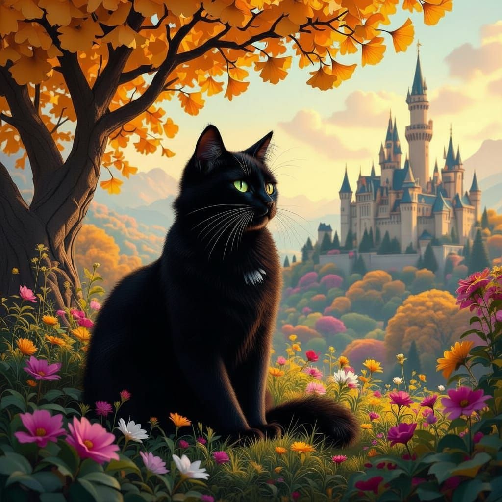 Green-Eyed Black Cat in Ginkgo Garden