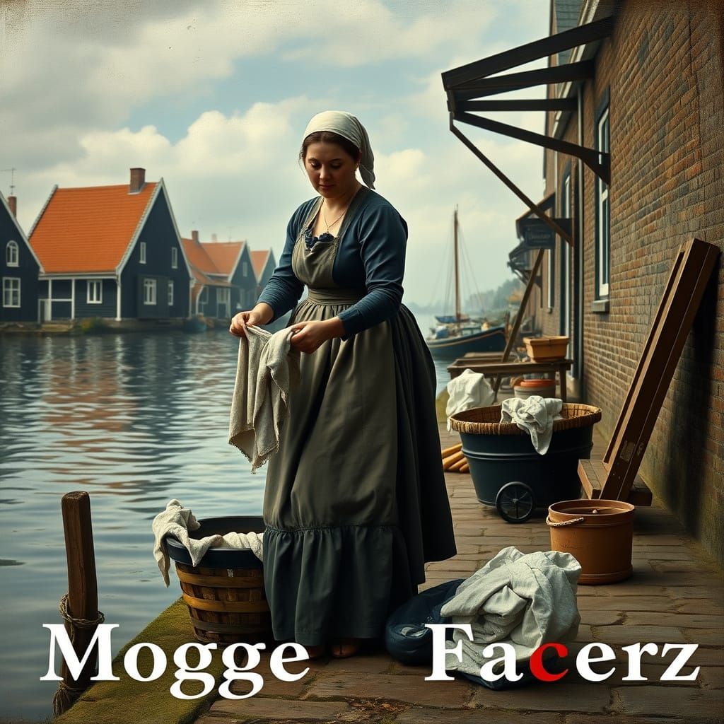 Dutch Woman Washing Clothes in Volendam