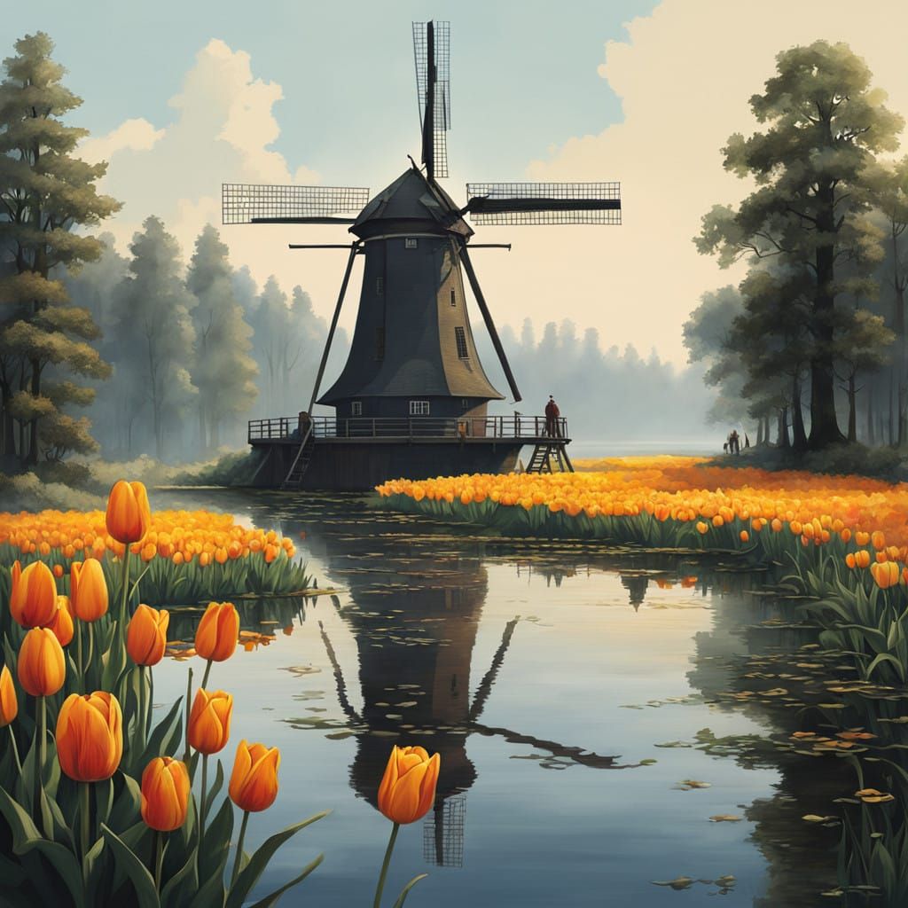 Majestic Tulip Transforms into Dutch Windmill Landscape