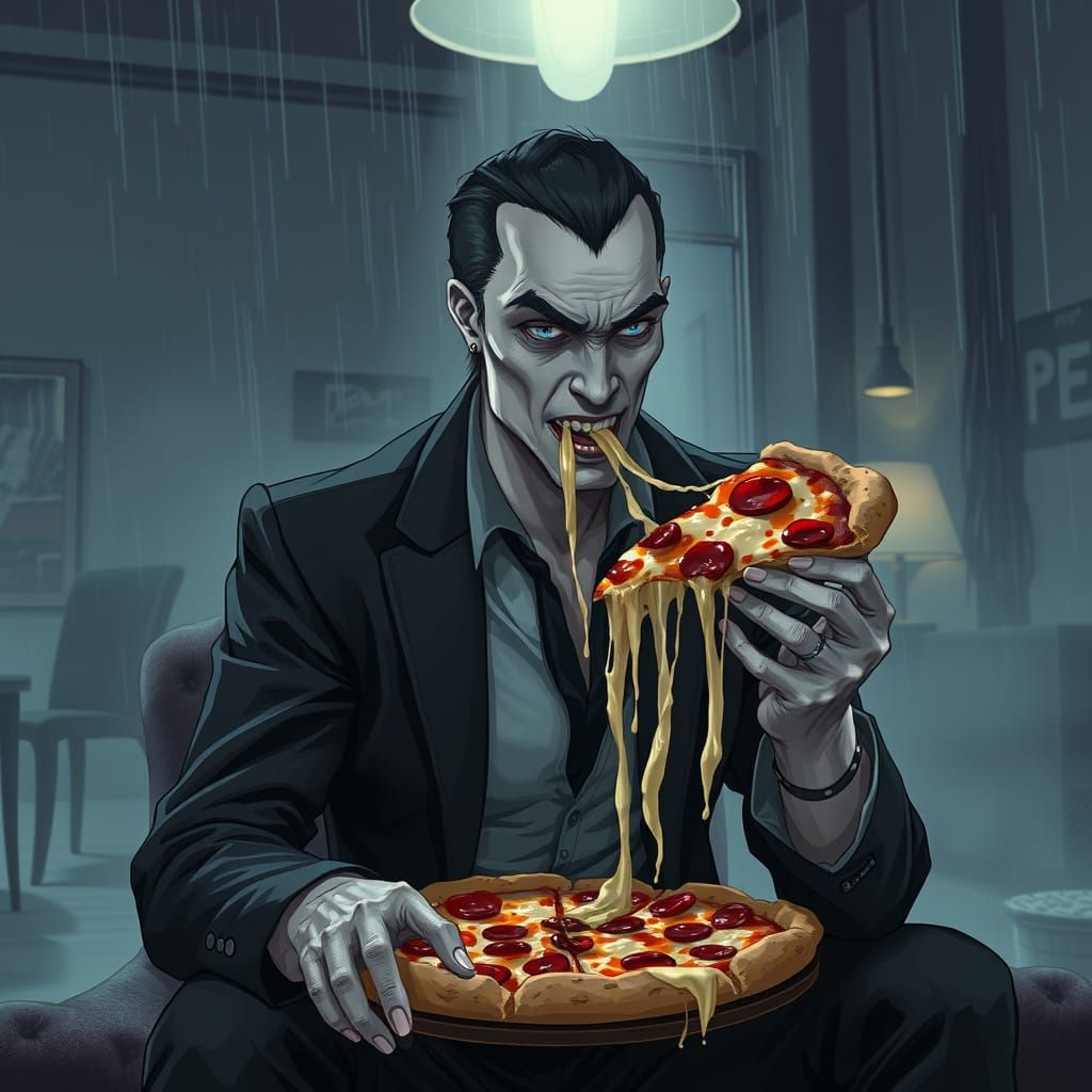 Modern Vampire Savoring Dark, Gooey Pizza in Moody, Urban Lo...