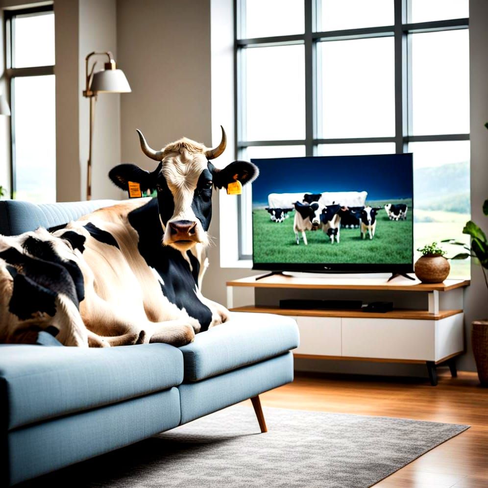 A Cow Enjoys a TV Show in a Cozy Living Room
