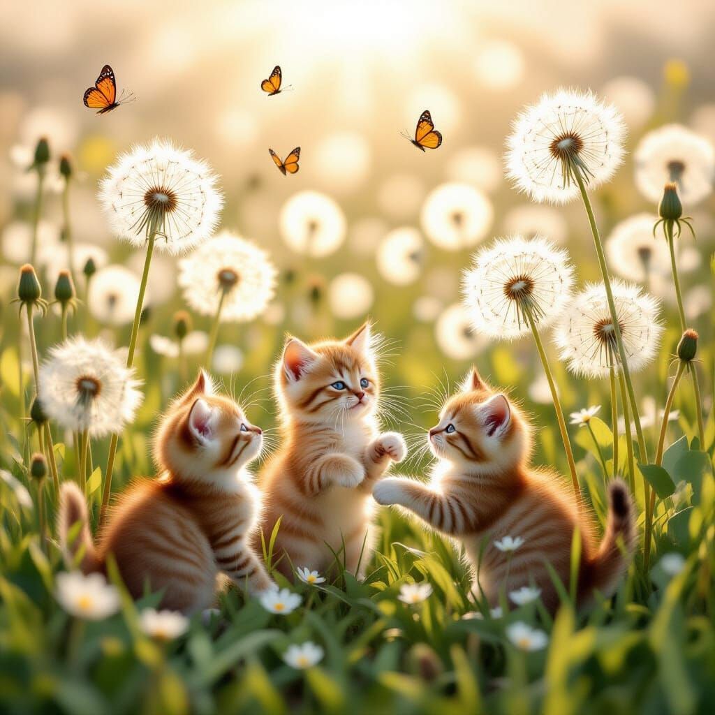 Kittens Playing Among Luminous Dandelions in Impressionist S...