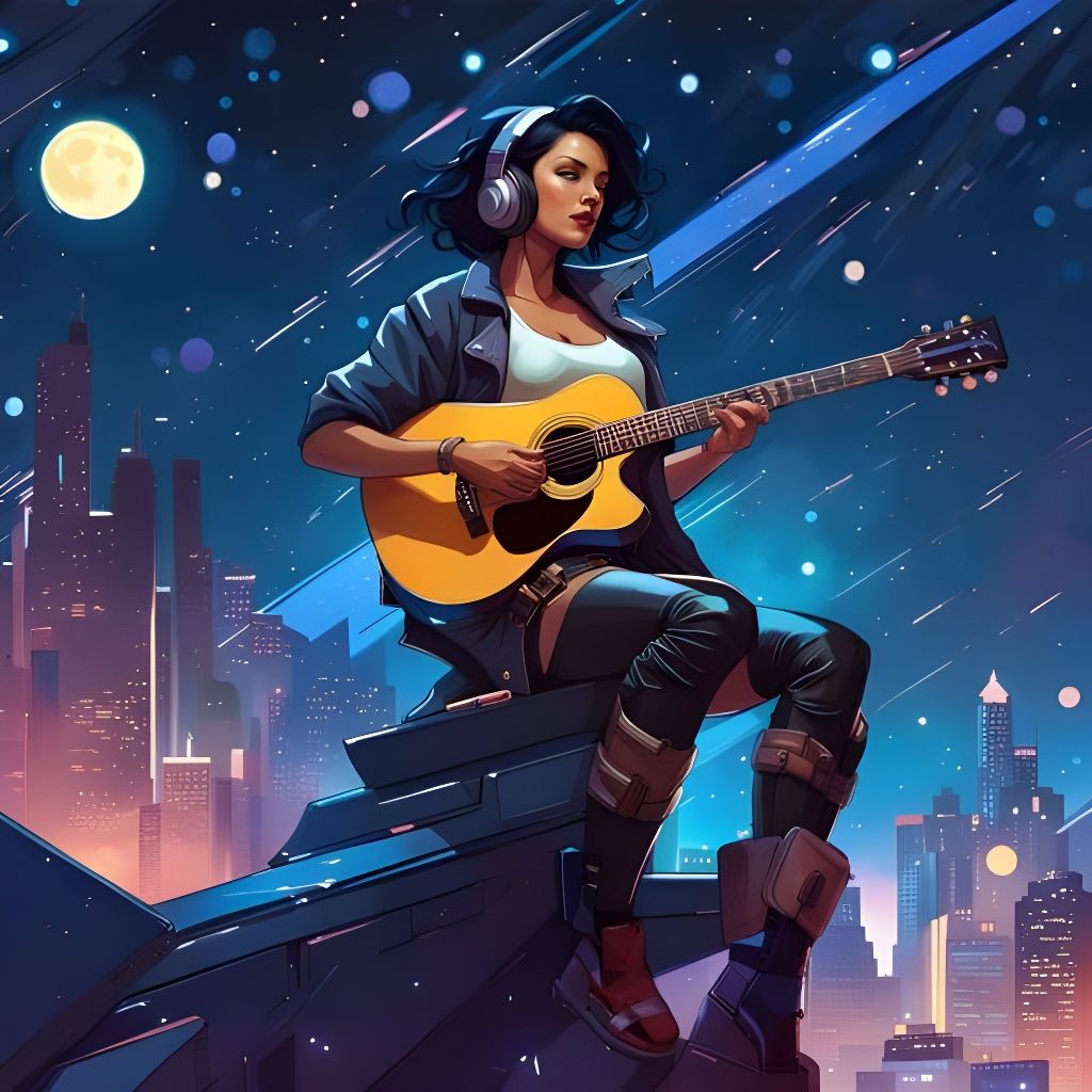Cyberpunk Woman Guitarist in Starry Night Fantasy