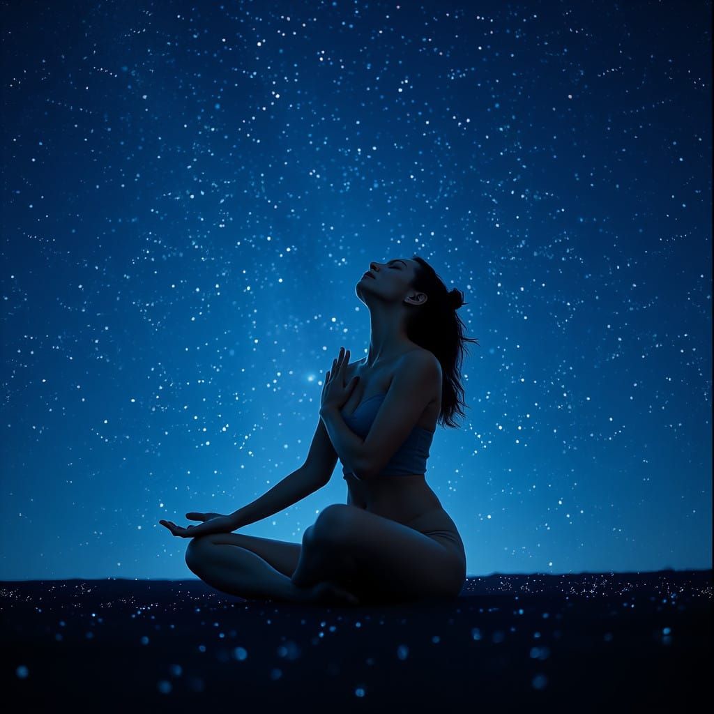 Woman in Padmasana Yoga Pose Under Celestial Night Sky