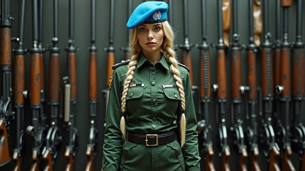 Tall Blond Officer Stands Guard in United Nations Uniform