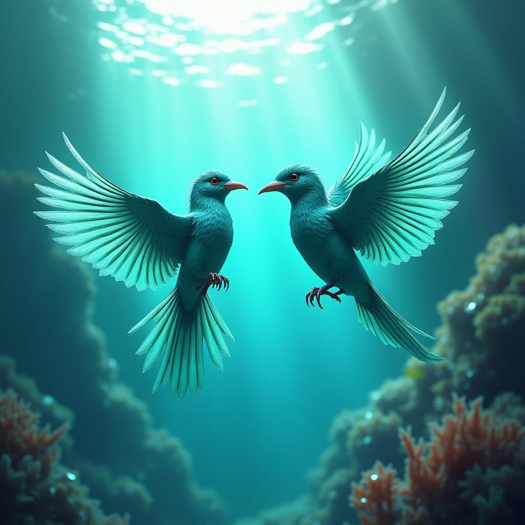Iridescent Birds in Fantasy Coral Reef