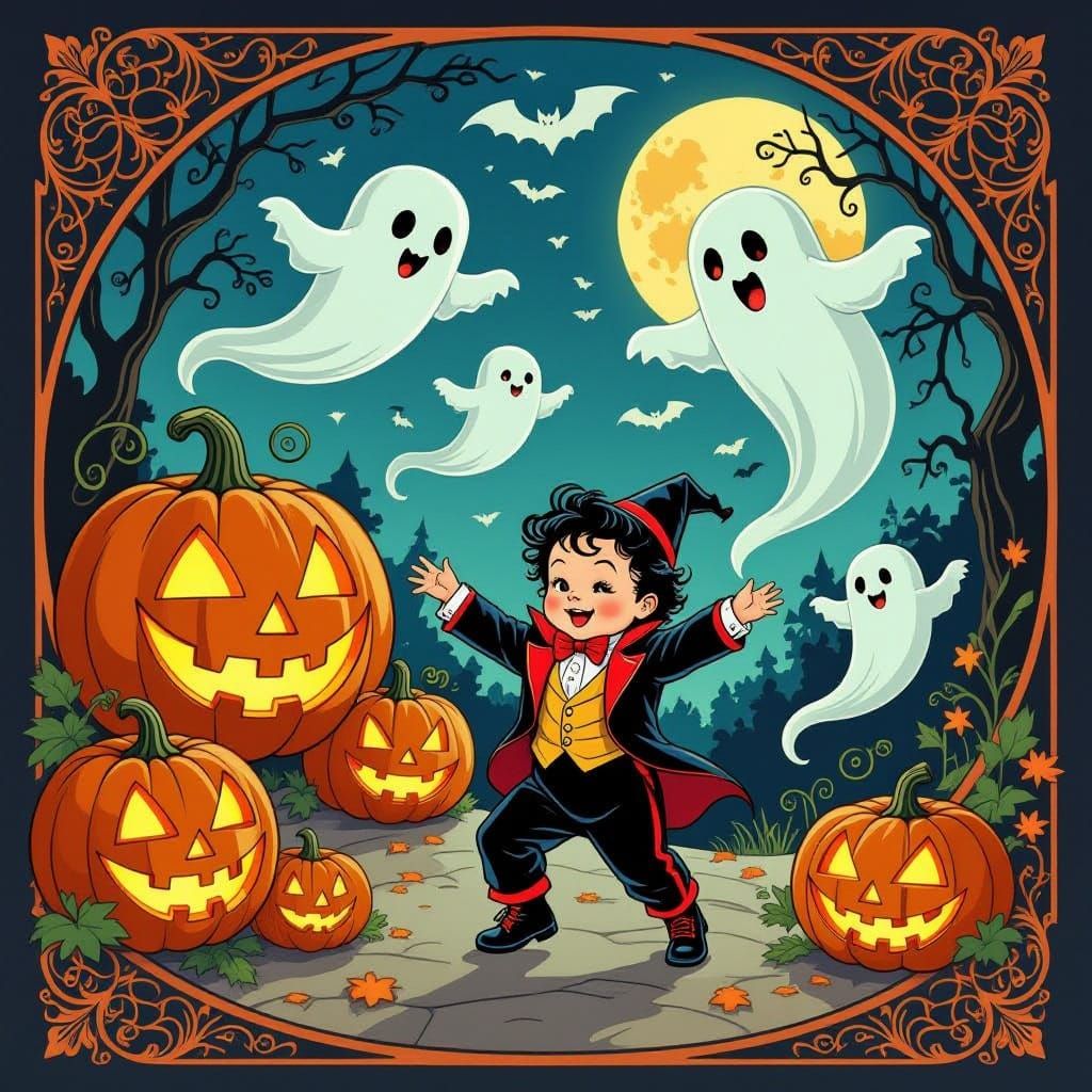 Art Nouveau Halloween Night with Dancing Baby