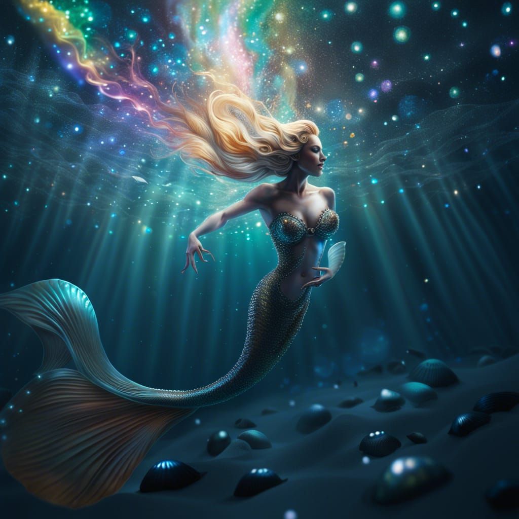 Bioluminescent Mermaid on White Sand Beach in Hyperrealism