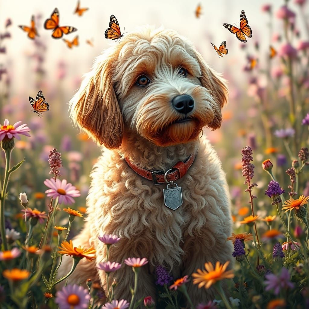 Goldendoodle in Wildflowers: Hyperrealistic Digital Art