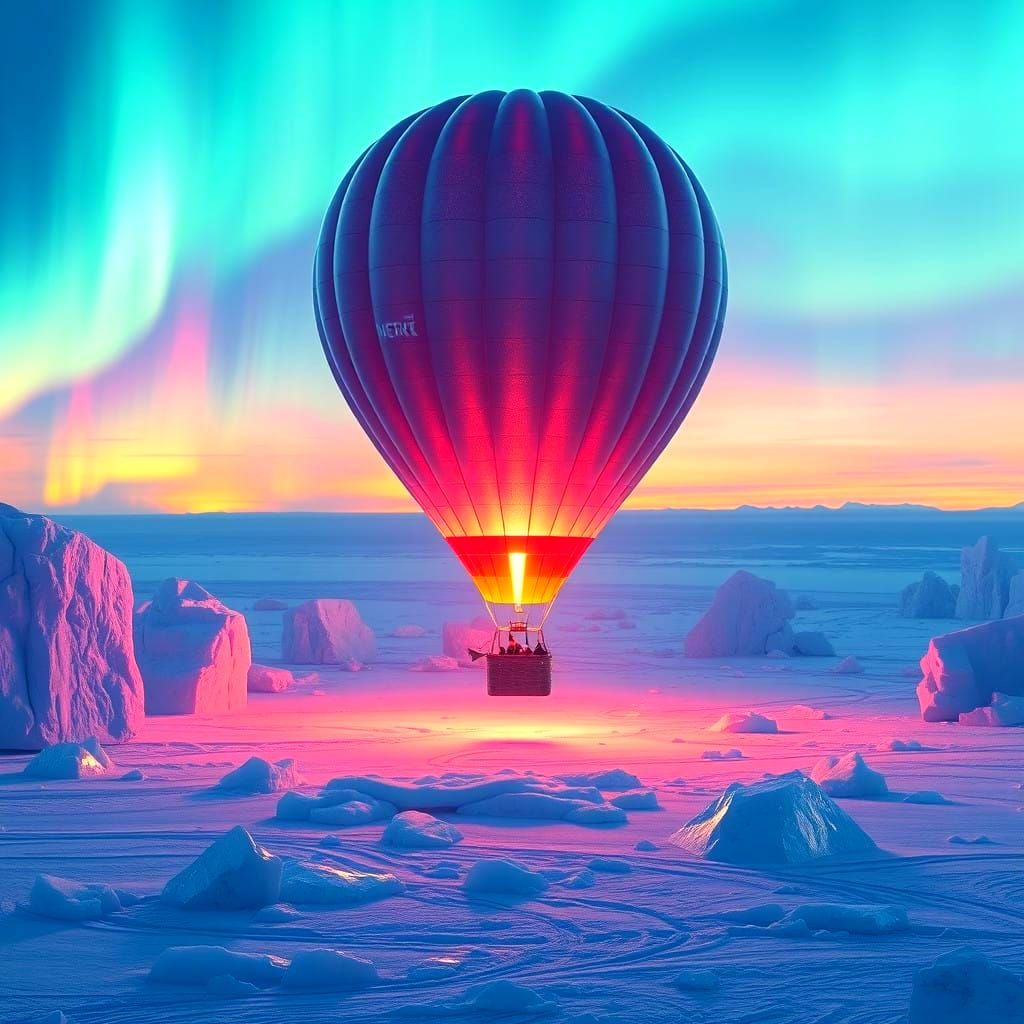 Ethereal Icebound Hot Air Balloon in Aurora Borealis Landsca...
