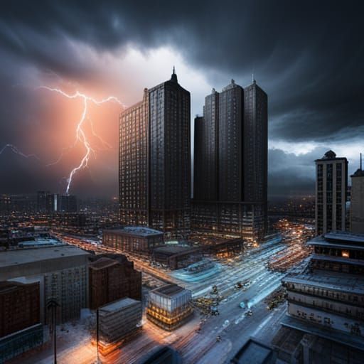 Apocalyptic Cityscape Under Extreme Thunderstorm